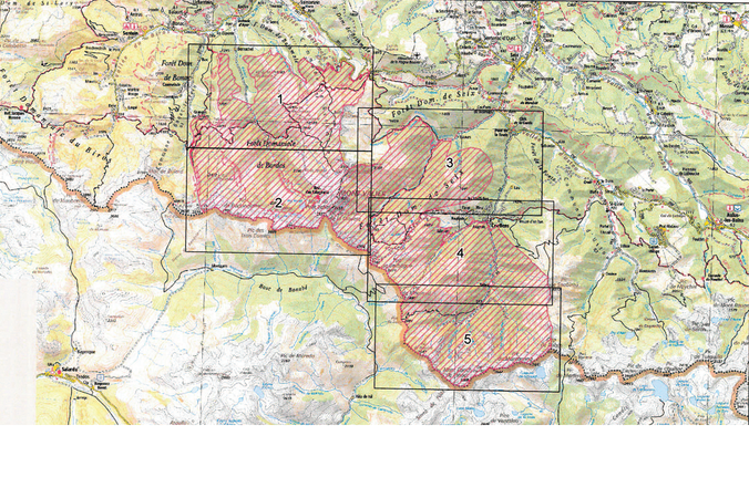 Site Natura 2000 Massif du Mont Valier / La partie hachurée en rose est la Zone de protection spéciale FR 7312003 